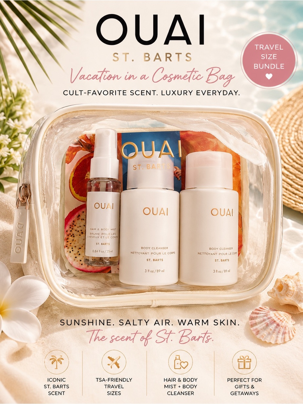 OUAI St. Barts Travel Set Body Cleanser & Hair Mist Gift Bundle NWT